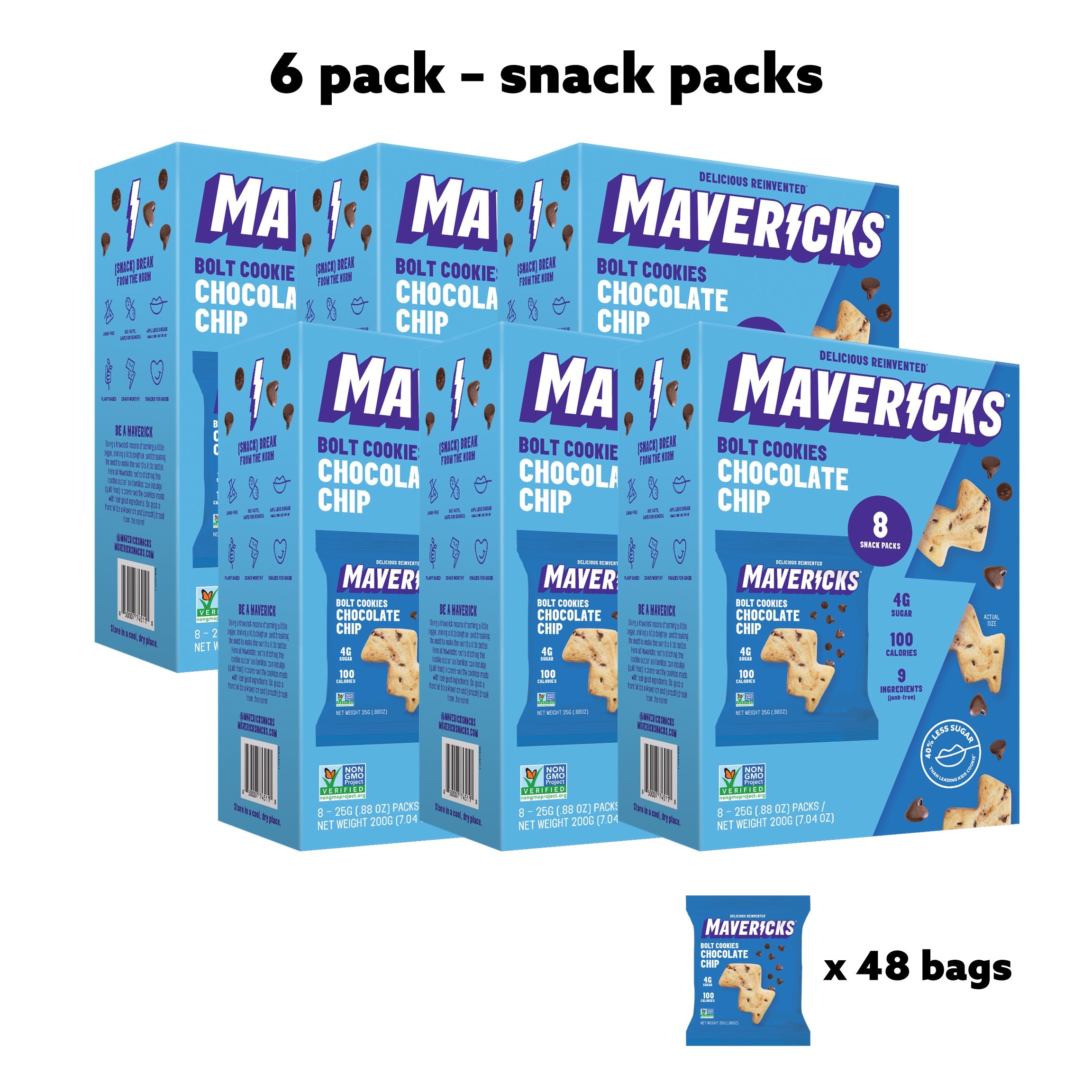 chocolate chip bolt cookies, snack packs